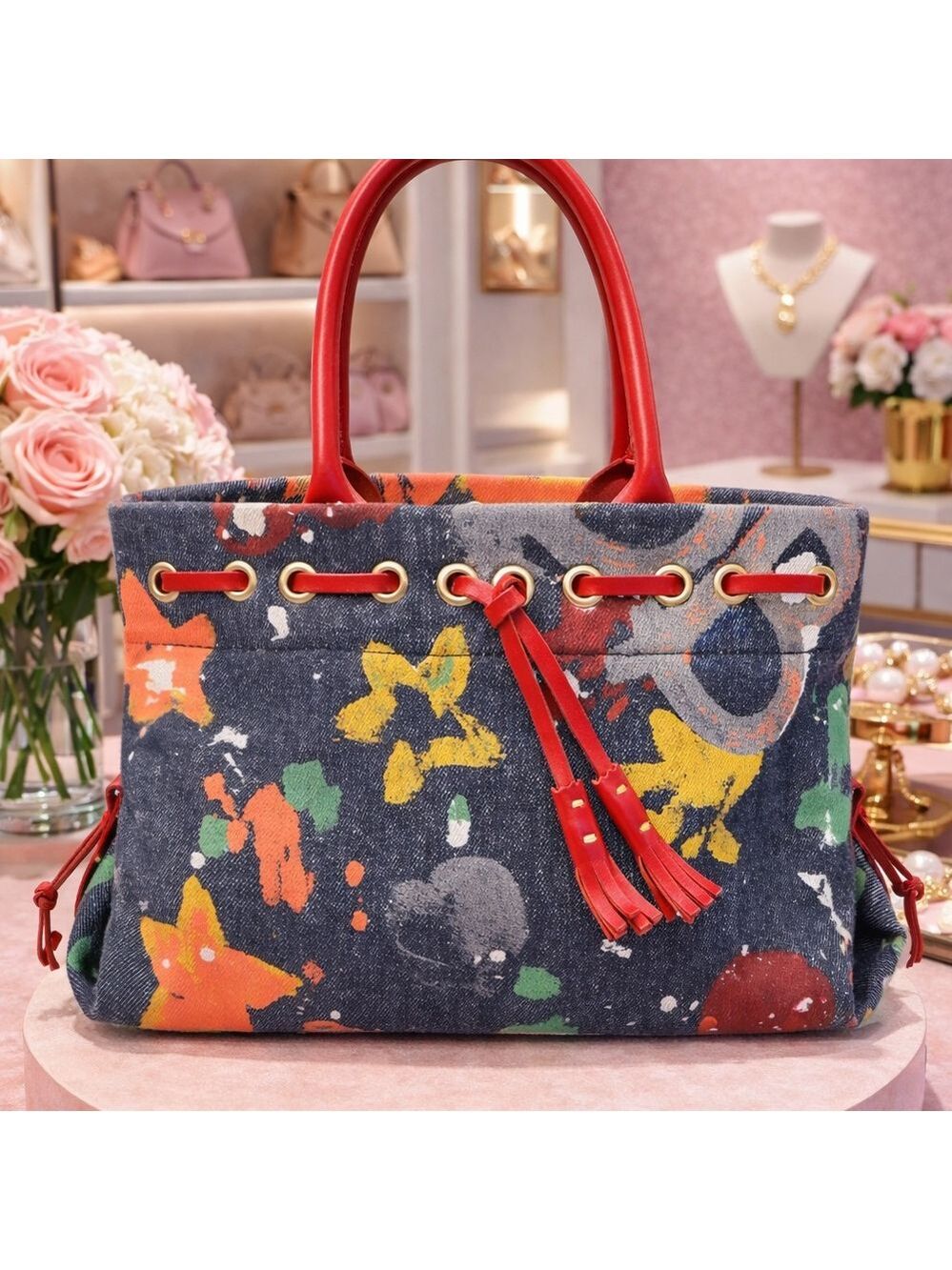 Dooney & Bourke Rare Vintage Y2K Graffiti Denim Multi Hand Bag Tote